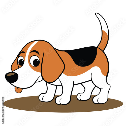 A curious beagle sniffing the ground intently, with floppy ears on a plain white surface, a playful and eager dog.