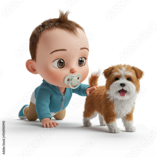 Sweet Baby Crawling Alongside Small Dog Vector Graphic