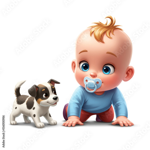 Cute Baby with Blond Hair and Puppy Vector Art