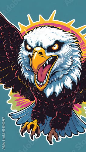 illustration of an eagle with mystical energy. Designed in a psychedelic cartoon sticker style with thick black lines,