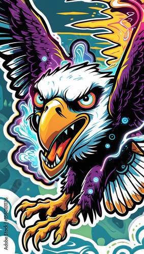 illustration of an eagle with mystical energy. Designed in a psychedelic cartoon sticker style with thick black lines,