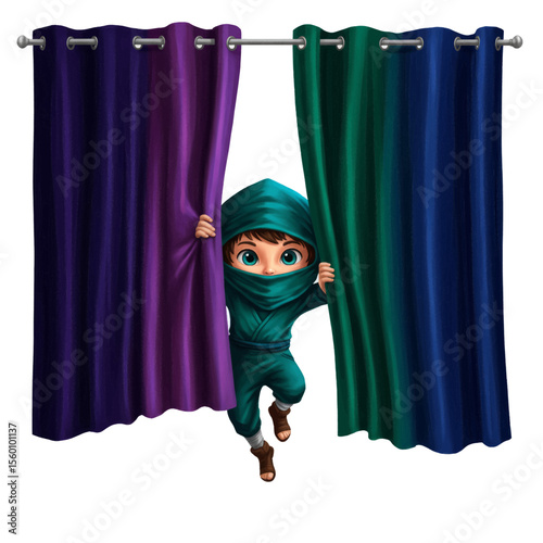 Adorable Kid Reveal Behind Blue and Green Curtains Vector Illustration