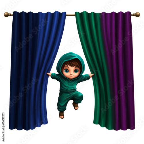 Cute Cartoon Boy Emerging from Curtains Vector Illustration