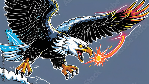 illustration of an eagle with mystical energy. Designed in a psychedelic cartoon sticker style with thick black lines,