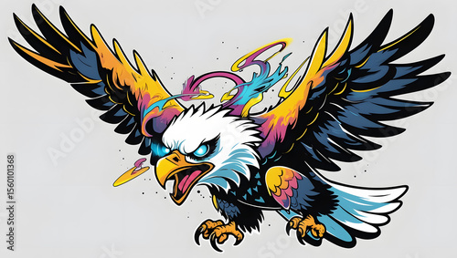 illustration of an eagle with mystical energy. Designed in a psychedelic cartoon sticker style with thick black lines,