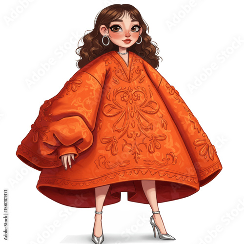 Cartoon Girl in Floral Dress Vector Illustration