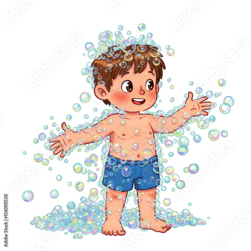 Smiling Kid in Foamy Bath Vector Illustration