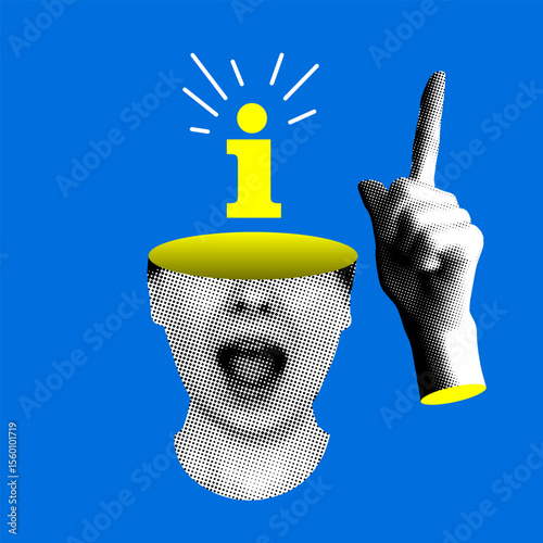 Information sign in a woman's head. Index finger raised up. FAQ, support concept. Help point. Info center. Modern collage with halftone elements