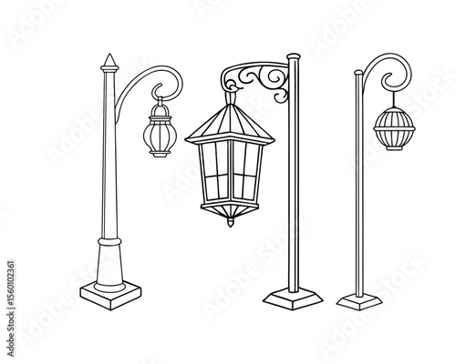  Vintage Street Lamp Illustration, Five Lantern Designs with  Silhouette

