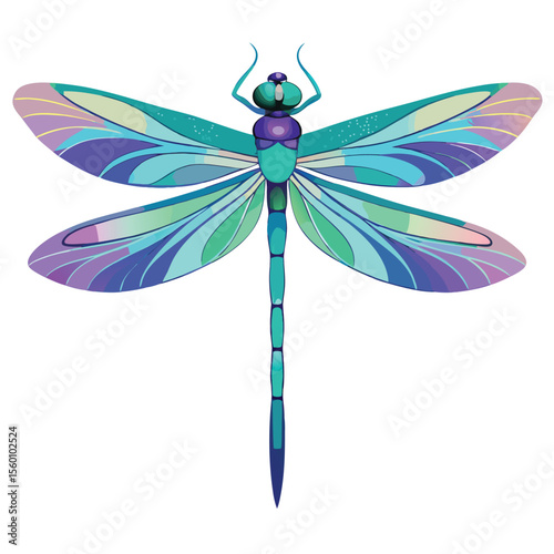 An iridescent dragonfly hovering gracefully, with transparent wings against a clean white background, a beautiful insect.