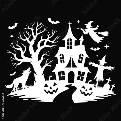 White Halloween Silhouette with Haunted House, Witch, and Pumpkins