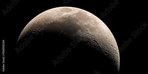 Stunning photo of crescent of a young moon with a large increase. Moon, view through a telescope. The moon with craters. Real photos of space objects through a telescope. photo