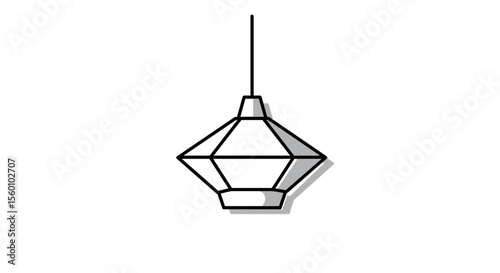 Geometric hanging lamp illustration with a diamond-shaped wireframe design, suspended by a thin cord.