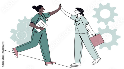 Teamwork in healthcare two nurses high five collaboration success professional medical staff support system 100