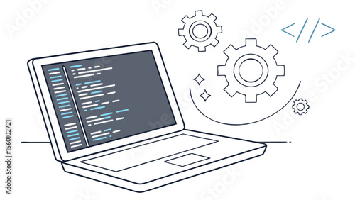 Laptop coding development with gears and code tags for software and web development projects design vector
