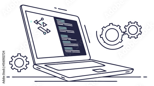 Laptop coding development with gears and programming code for software engineering work flow process