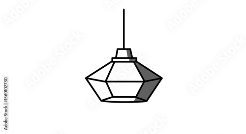 A geometric pendant lamp hangs from a cord, depicted in a simple line drawing.