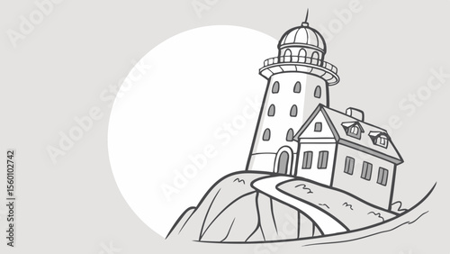 Drawing of a lighthouse with house on a hill with a path leading up to it in black and white style art