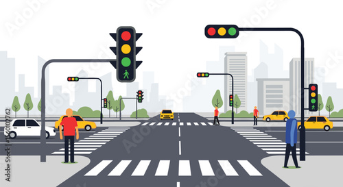Busy City Street Crossing With Pedestrians Traffic Lights and Cars Illustration Scene