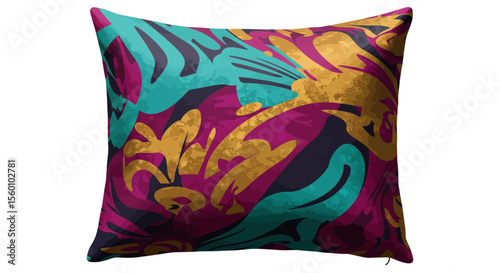 A decorative throw pillow with a vibrant abstract pattern in teal, gold, and magenta.