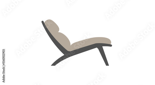 Side profile of a modern, cushioned lounge chair with a curved, dark wood frame.
