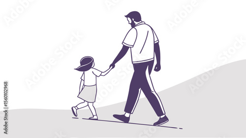 Illustration of father and daughter walking together holding hands concept for family bonding time outdoors