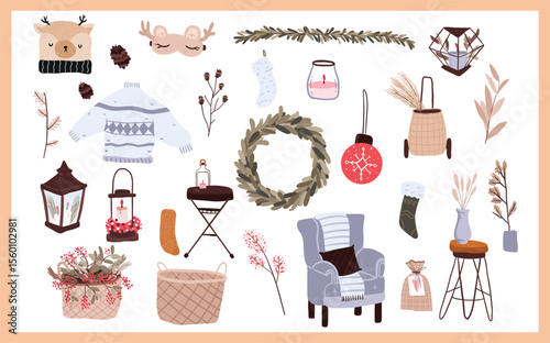 A collection of winterholidaythemed objects on a white background with a peach border