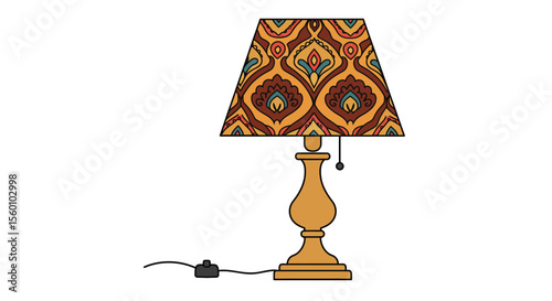 A stylish table lamp with a patterned lampshade sits on a white background.