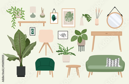 A flat illustration shows assorted indoor plants furniture and decor elements in a stylized minimalist design