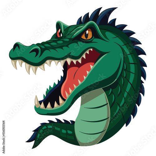 A large alligator with its powerful jaws open wide, on a clean white background, a formidable reptile predator.