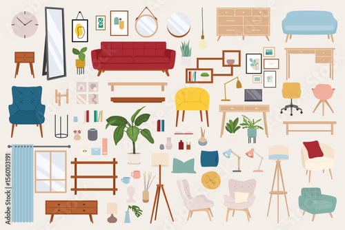 A flat vector scene of various furniture items and decorations set on a neutral background