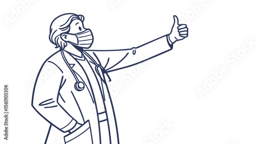 Medical professional doctor wearing mask giving thumbs up gesture line art style vector illustration