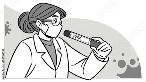 Covid test doctor analyzing sample in lab coat wearing mask and glasses for coronavirus research study