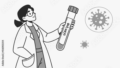 Scientist researching covid virus omicron variant in lab with test tube for vaccine development and cure