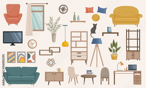 Cartoon living room objects furniture decor  accessories on a pale background