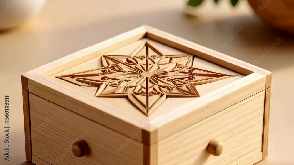 Elegant light wood square box with carved geometric starburst pattern on lid, drawer and round knobs sitting on beige surface, craft storage