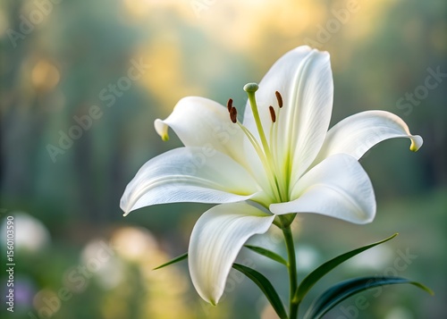 A lily flower with white petals and prominent stamens, set against a blurred natural background.