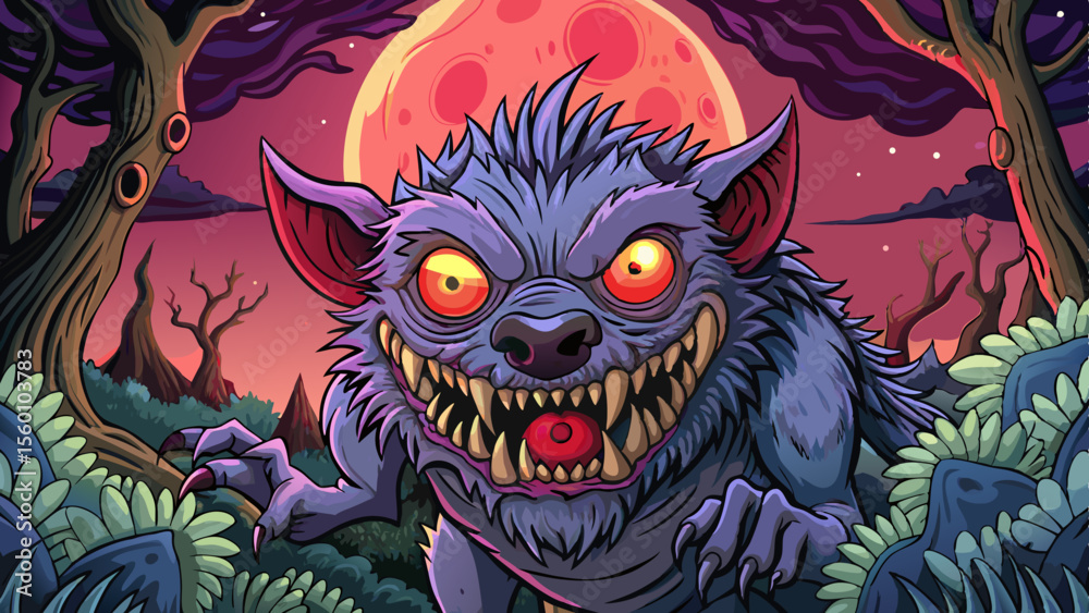 Fototapeta premium dark haunted forest shrouded in mist cartoon, with a terrifying shadow beast lurking beneath a glowing blood moon in a night sky