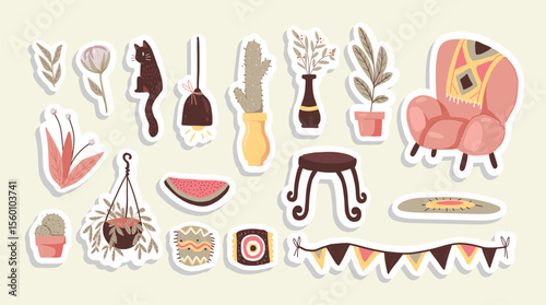 Collage of stickerlike illustrations featuring furniture plants and bohemianstyle decorations set against a pale background