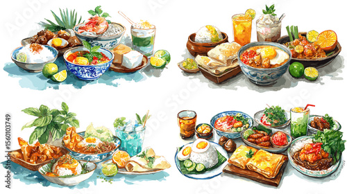 Vibrant Southeast Asian breakfast set with rice dishes, traditional sweets, and tropical drinks, perfect for culinary culture and morning food concepts.

