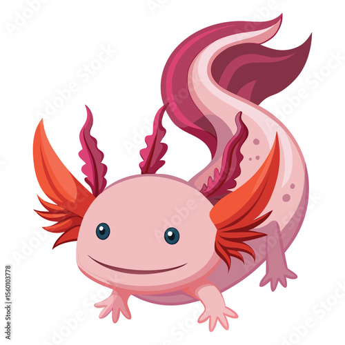 An axolotl with its unique feathery gills, isolated on a clean white background, a fascinating aquatic amphibian.