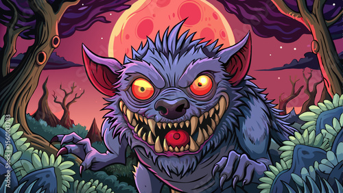 dark haunted forest shrouded in mist cartoon, with a terrifying shadow beast lurking beneath a glowing blood moon in a night sky