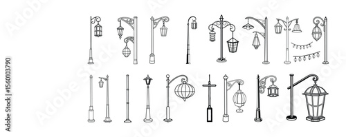  Vintage Street Lamp Illustration, Five Lantern Designs with  Silhouette
