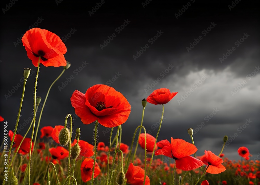 Naklejka premium Victory in Europe Day postcard design featuring vibrant red poppies against a dramatic black background celebrating peace and remembrance