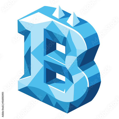 An icy capital letter B, sculpted from glistening blue ice, appearing cold and frozen, isolated on a white background.