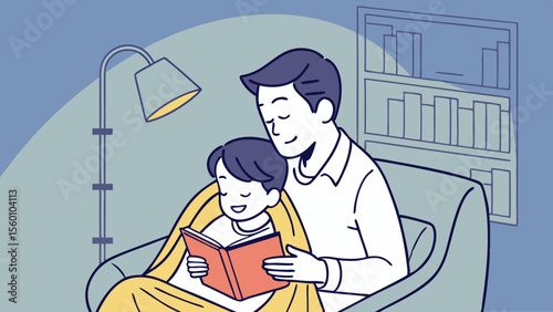 Father and son reading book together vector illustration happy family time bedtime story parent child bonding  100