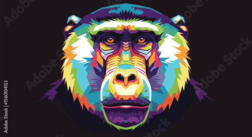 Colorful Monkey Head Digital Illustration with Abstract Geometric Shapes and Dark Background Art