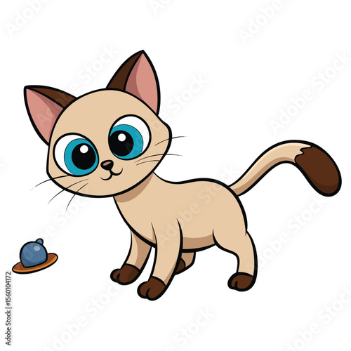 A playful siamese kitten swatting playfully at an unseen toy, with beautiful blue eyes and cream fur on white.
