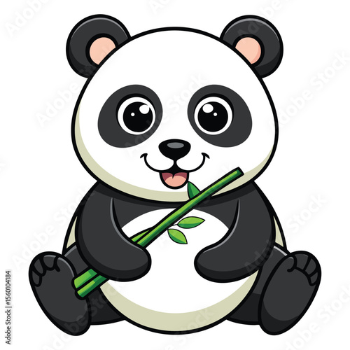 A playful and adorable panda happily eating bamboo, against a clean white background, a beloved endangered species.