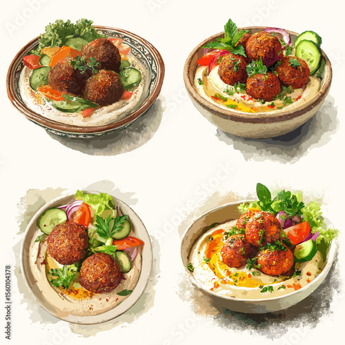 Middle Eastern falafel with creamy hummus and fresh vegetables, served in traditional bowls, perfect for vegan meals and Mediterranean cuisine.

